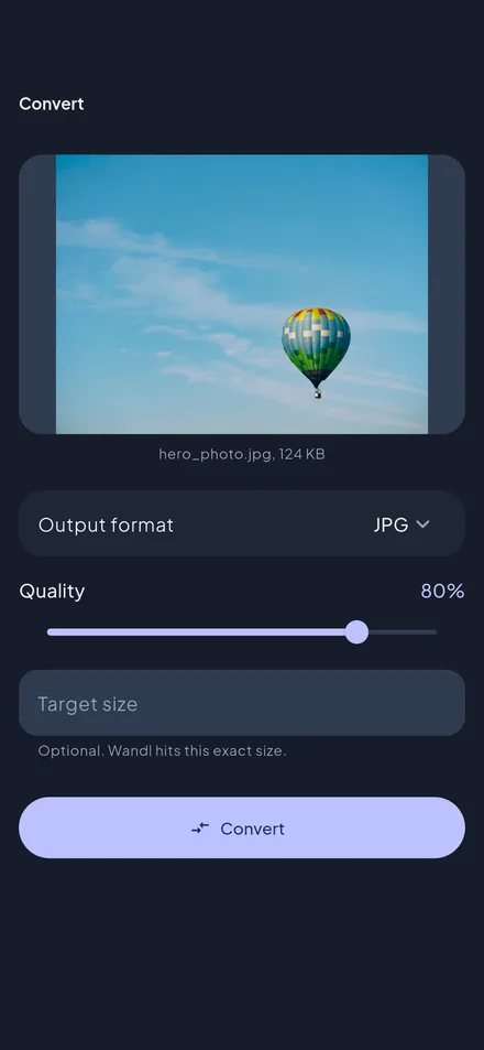 Wandl – convert screen: target format, quality and exact target size