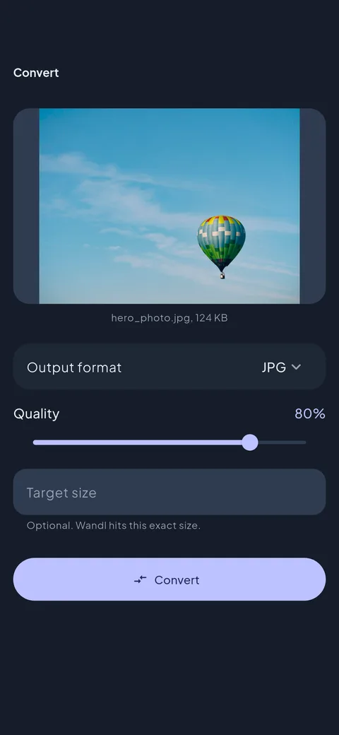 Wandl – convert screen: target format, quality and exact target size
